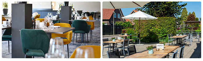 Sfeerbeelden van het terras en het restaurant van Fletcher Hotel-Restaurant De Gelderse Poort